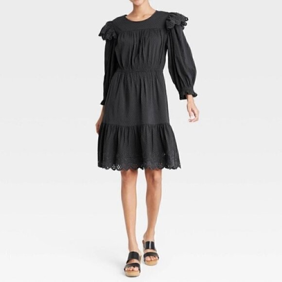 Ruffle Prairie Midi Dress Tiered Slate Eyelet Daisies Cottagecore Pockets - Picture 1 of 13